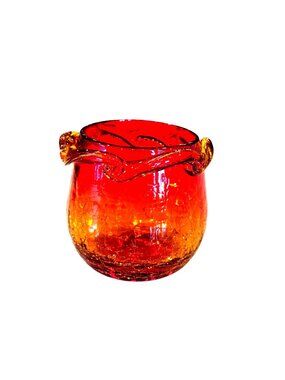Vintage Blenko 60E Hand-Blown Amberina Tangerine Crackle Glass Mini Vase
